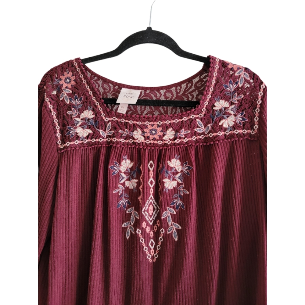 Embroidered summer top, maroon, size XL, long sleeve